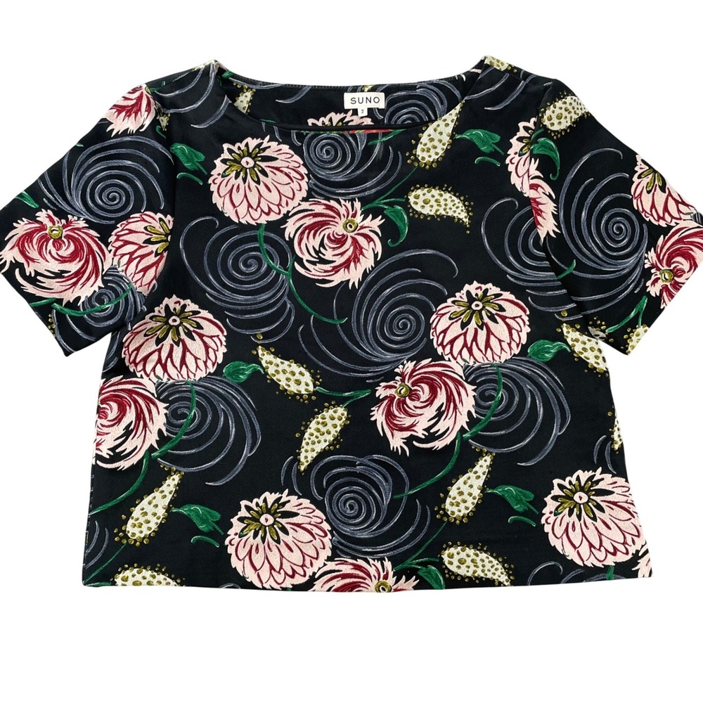 SUNO Womens Floral Jacquard Crop Top Black Pink Green Short Sleeve Blouse Size 2